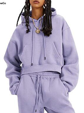 Womens Fleece 2 Piece Sweatsuit Hoodie Crop Top Jogger Pants Set